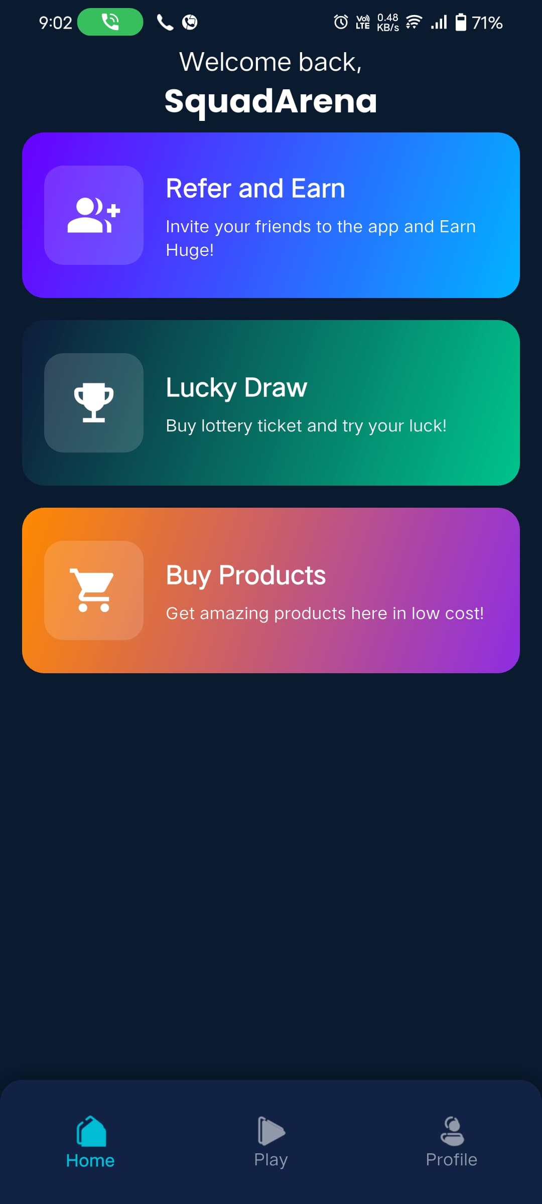 SquadArena App Screenshot: Home Page - User-friendly home screen with personalized recommendations