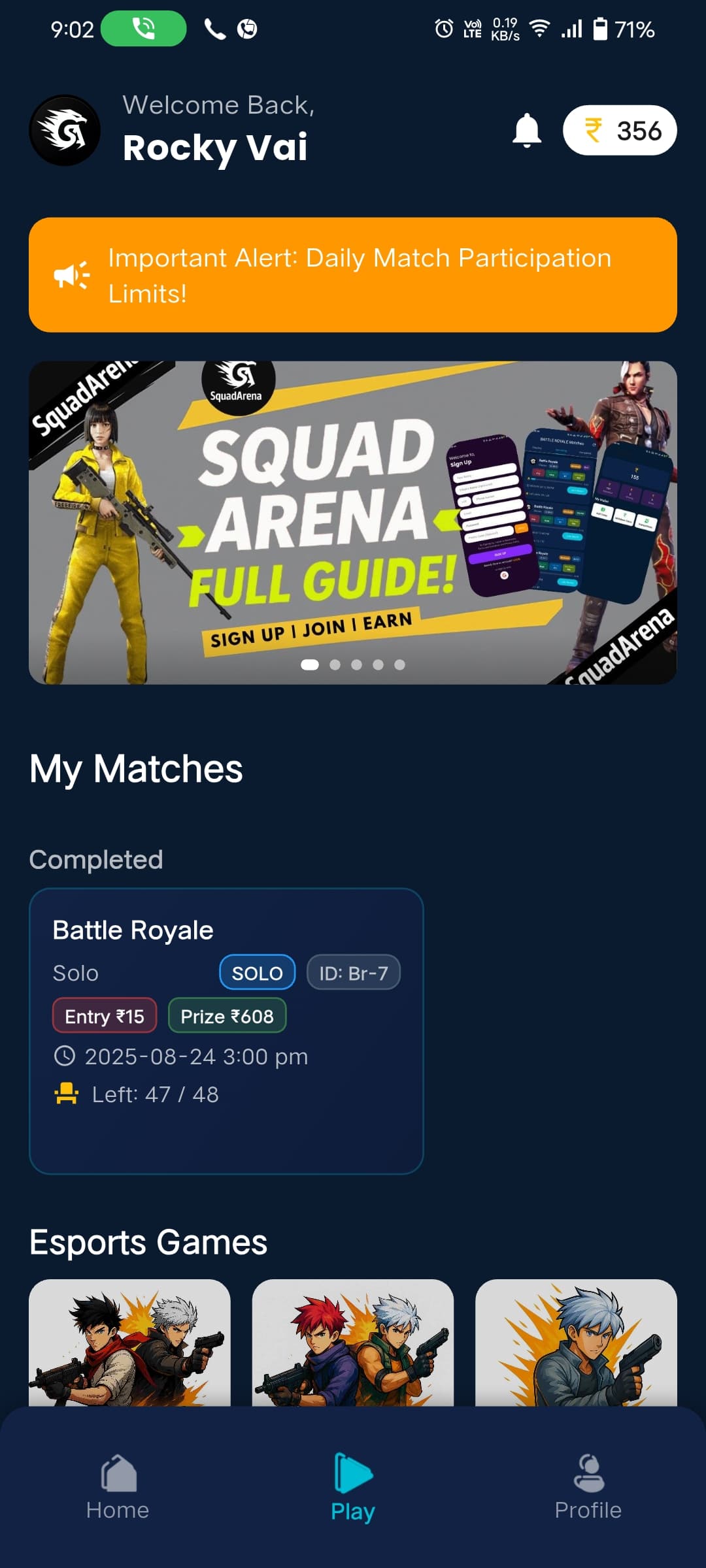 SquadArena App Screenshot: Play Page - The main dashboard with quick access to all game features