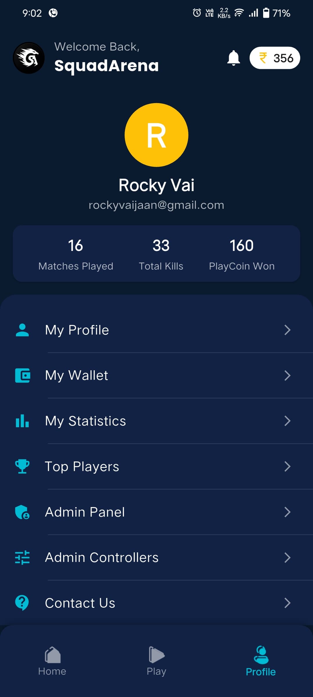 SquadArena App Screenshot: Profile Page - Customizable profile to showcase your gaming achievements
